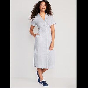 Old Navy Light Blue and White Striped Midi Shirt Dress